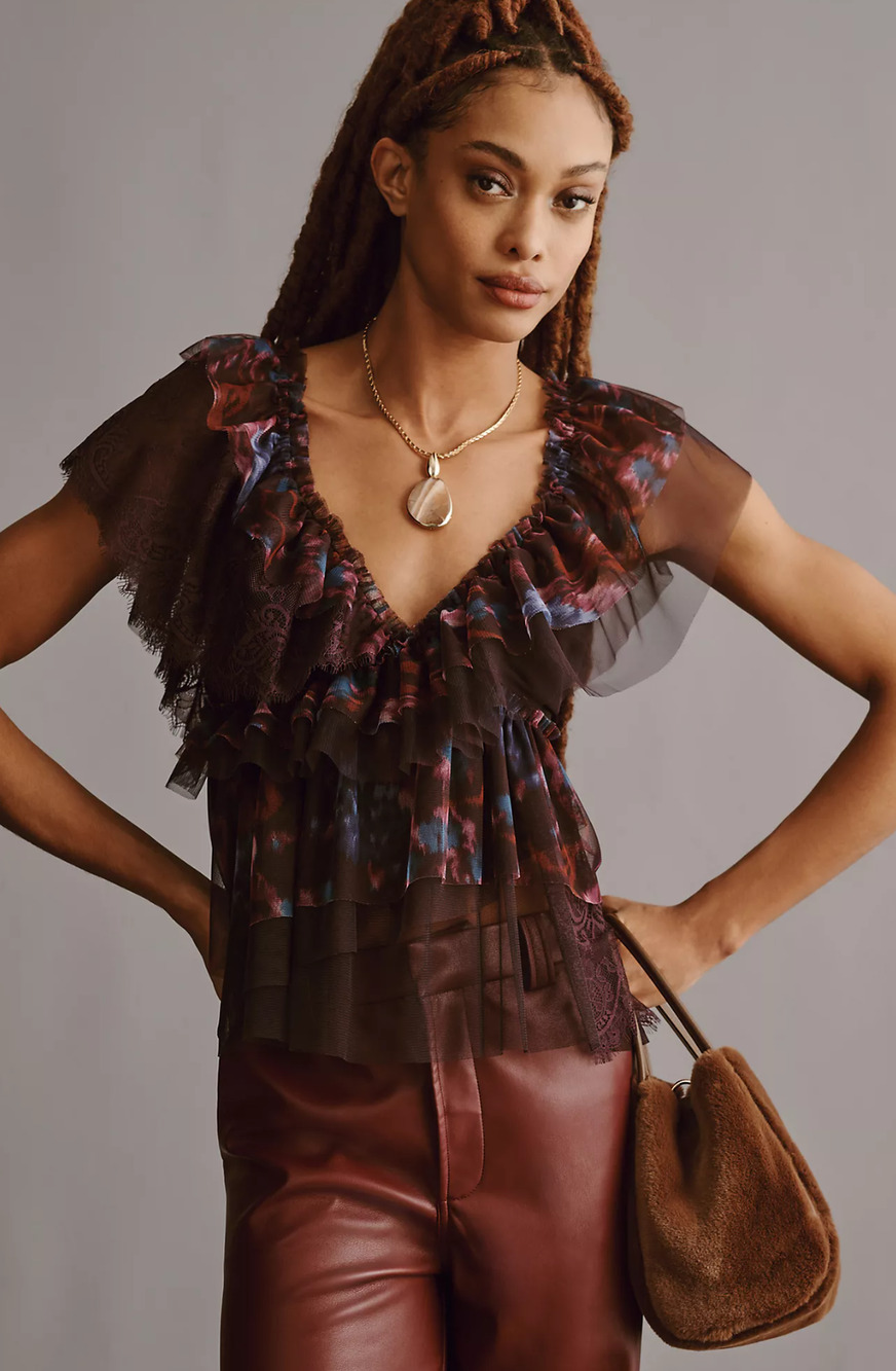 NWT Anthropologie Tulle Lace Mix Ruffled Purple Violet Top - Size Large